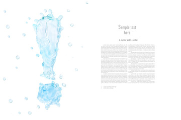 Water splash with water droplets in the form of water alphabet fluid exclamation mark, isolated on white background. Ecology, saving water, environmental issues concept, liquid template fluid design