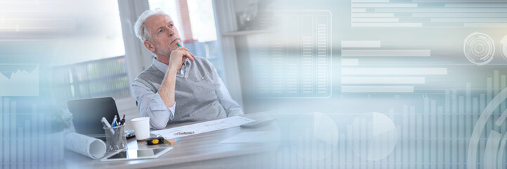 Architect thinking about a project; panoramic banner