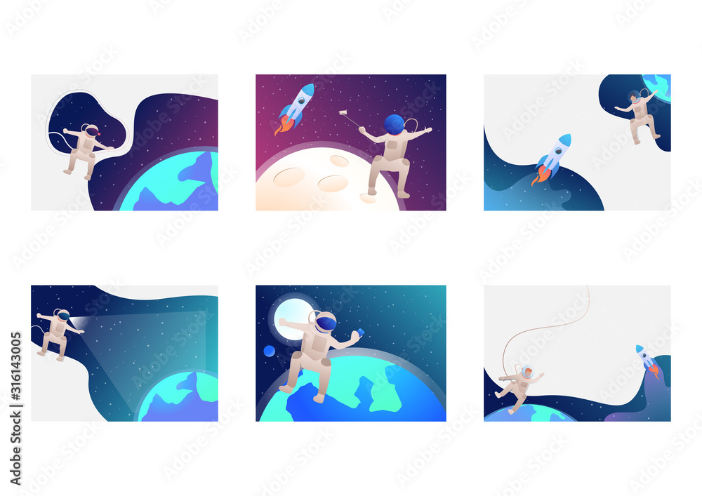 Poster set of astronaut floating in outer space. flat vector illustrations of planets, rockets, taking self