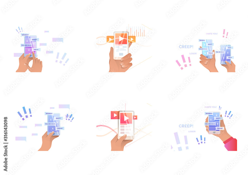 Poster set of cyber bullying. flat vector illustrations of phone in hands with abusive messages on screen, 