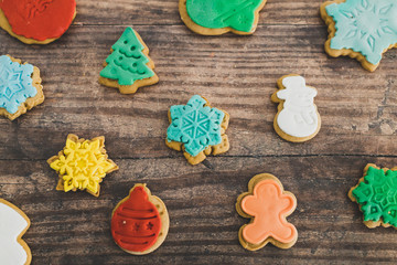 festive gingerbread cookies in different colors and shapes