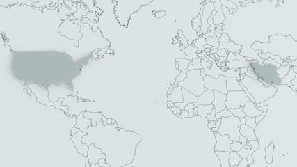 Fototapeta na wymiar usa and iran on the world map - 3d rendering
