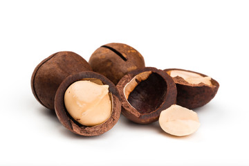 Raw not peeled whole macadamia nuts with shelled kernels isolated on white. Macro view. Healthy food. Protein source.