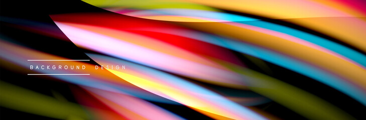 Сolorful flow poster. Wave liquid lines and shapes in black color background. Vector Illustration