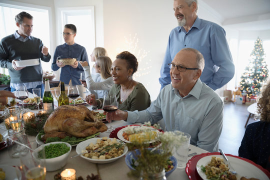 Family Enjoying Turkey Christmas Dinner At Table