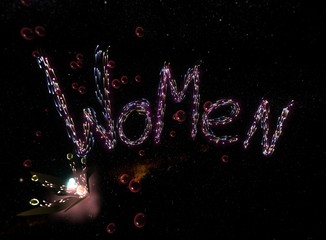 The word Women in outer space. Created using vr. Neon letters in outer space with glowing flower - 316144427