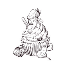 Postcard on February 14, sweet present and candy vector illustration. St. Valentine's day holiday greeting card with cupcake or muffin topped by raspberry and chocolate lollipop in shape of heart