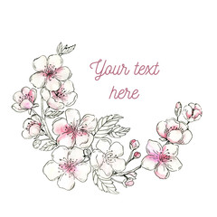 Cherry Blossom flowers clip art for wedding invitation or greeting cards. Watercolor blooming branches illustration isolated on the white background. Floral wreath. Hand drawn frame with copy space. 