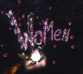 The word Women in outer space. Created using vr. Neon letters in outer space with glowing flower - 316144482