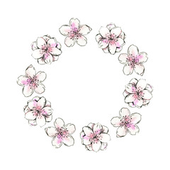 Fototapeta na wymiar Cherry blossom hand drawn, flowers circul frame. Pink sakura wreath. Watercolor illustration for wedding cards, invitations, mother's day and valentines cards. Cute delicate floral isolated design.