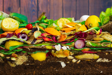 Colorful compost heap of rotting kitchen vegetables consisting of lemon and onion peels and...