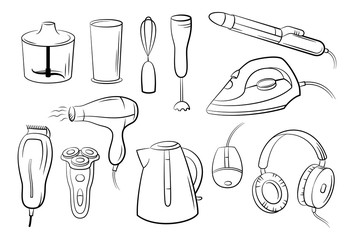Group of Technical Equipment Icons Shaver, Iron, Hair Dryer, Blender, Kettle, Headphones and Computer Mouse. Black Pictograms Isolated on White. Vector