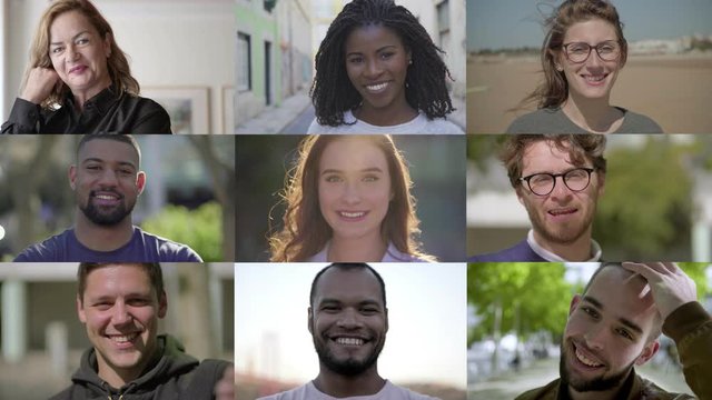 Collage of diverse people smiling at camera. Multiscreen montage of cheerful men and women posing and looking at camera. Facial expression concept