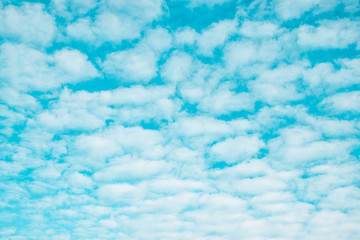Fluffy white clouds soar in the blue sky