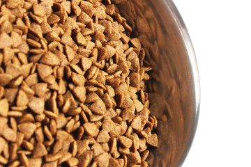 dry pet - dog food in bowl on white background top view mock up. dog bowl