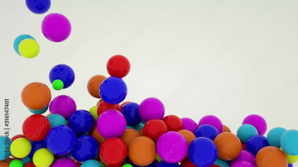 Poster multicolored smooth balls falling from above. animated abstract background. 3d render