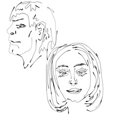 A sketch of a man's head and a woman's head using a black line conveys a sense of disagreement and sadness