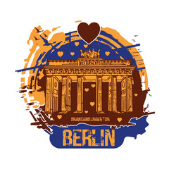 Brandenburg gate, Berlin / Germany city design with love hearts. Hand drawn illustration. © CSKN
