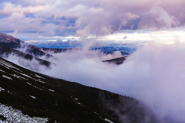 View of the High Tatras with fog and snow