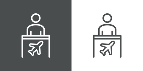 Icono plano lineal mostrador de información de aeropuerto con hombre de pie en fondo gris y fondo blanco © teracreonte