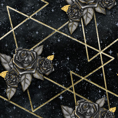 GEOMETRIC GALAXY BACKGROUND WITH BLACK ROSES SEAMLESS PATTERN 