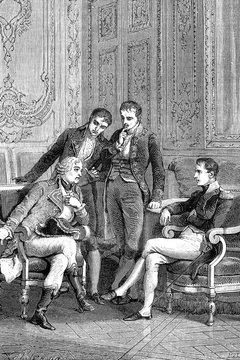 Jean Jacques Regis de Cambaceres, consul of France exposing Bonaparte his combination to make him appoint consul for life. 1753-1824. Antique illustration. 1890.