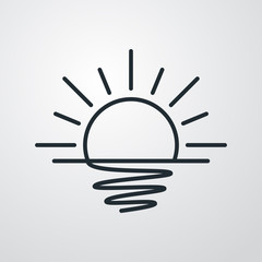 Icono plano lineal sol naciente con reflejo en el mar en fondo gris