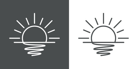 Icono plano lineal sol naciente con reflejo en el mar en fondo gris y fondo blanco © teracreonte