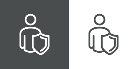 Símbolo usuario seguro. Icono plano lineal hombre con escudo en fondo gris y fondo blanco © teracreonte