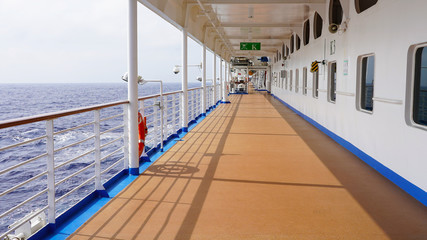 promenade deck on a cruise ship. safety on the ship, lifeboat, liferafts, lifebuoys. liferaft...