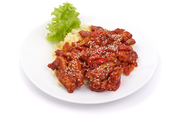 Fried Kung Pao Chicken with rice, Chinese traditional food, isolated on white background