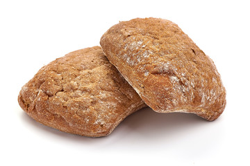 Freshly baked rye bread, homemade buns, isolated on white background