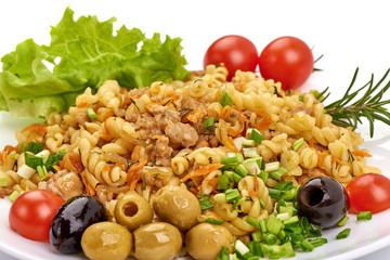 Fusilli pasta with minced meat, isolated on white background