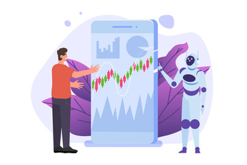 Robot investing, Robo-advisor. Artificial intelligence and businessman using IT algorithms for Forex tradings. Vector illustration
