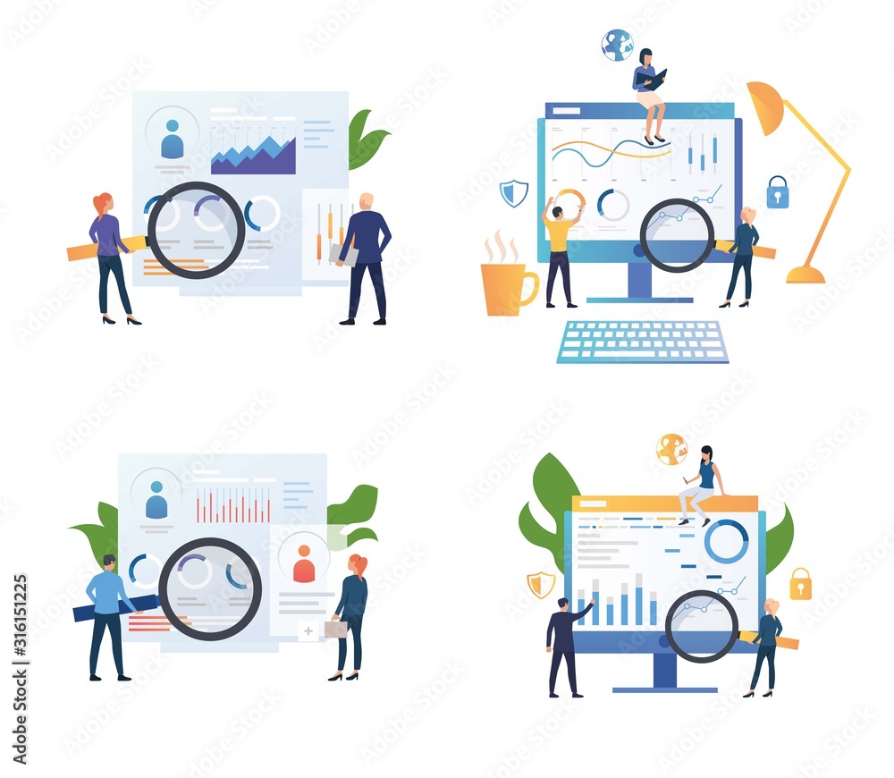 Aufkleber set of business people working with charts. flat vector illustrations of employees developing financ