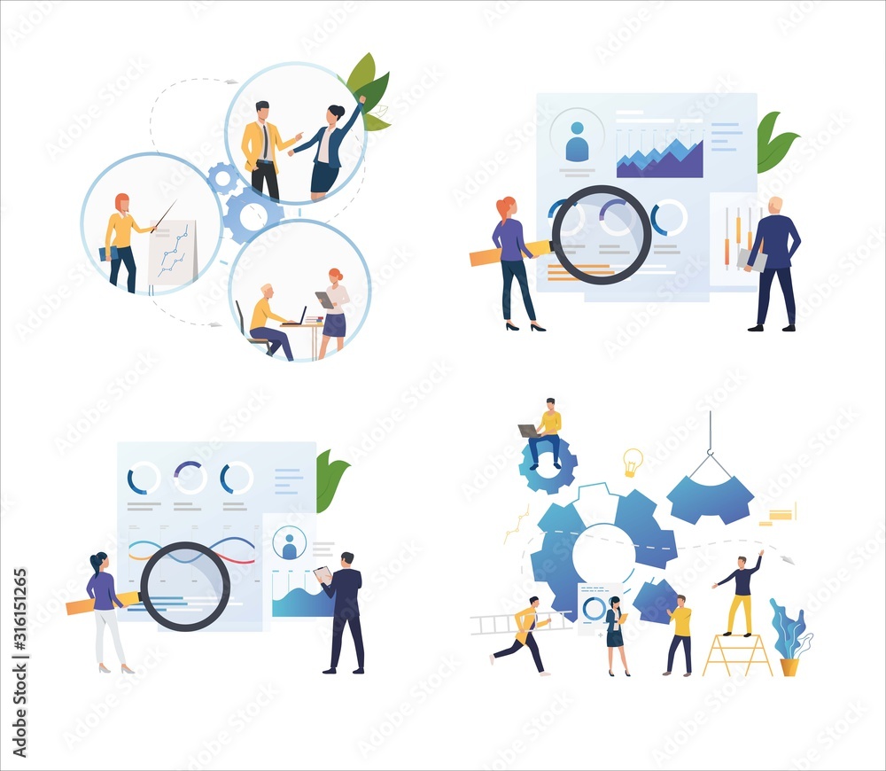 Aufkleber set of business people developing project. flat vector illustrations of working with charts. teamwor