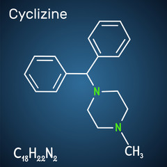 Cyclizine molecule. It is histamine H1 antagonist, is used to treat or prevent motion sickness and nausea. Structural chemical formula on the dark blue background - obrazy, fototapety, plakaty