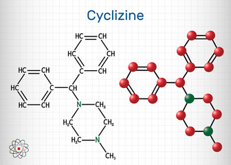 Cyclizine molecule. It is histamine H1 antagonist, is used to treat or prevent motion sickness and nausea. Structural chemical formula and molecule model. Sheet of paper in a cage - obrazy, fototapety, plakaty