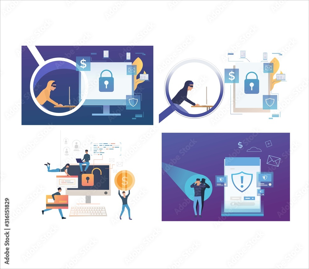 Poster set of cybercriminals stealing personal information. flat vector illustrations of people cracking so