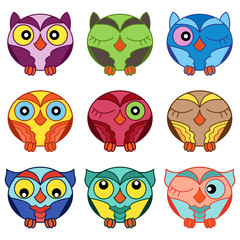 Set of nine cartoon oval owls