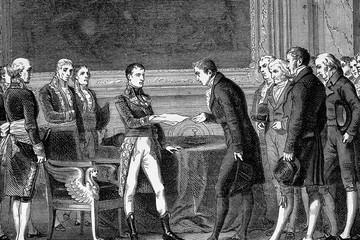 The first consul delivering the mediation act to the Swiss deputies. Antique illustration. 1890.