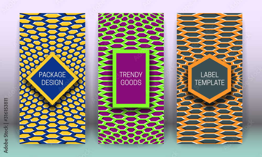 Poster set of packaging design with patterned optical illusion backgrounds. moving hypnotic backdrop with f