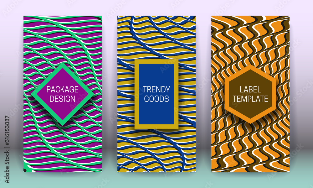 Poster set of packaging design with wavy optical illusion backgrounds. moving hypnotic backdrop with frames