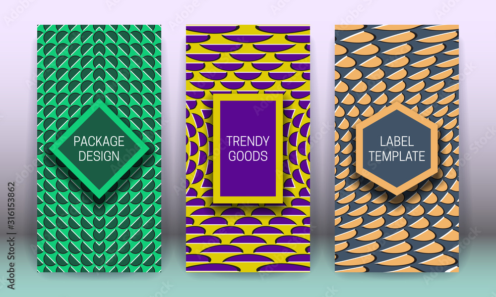 Poster set of packaging design with creative optical illusion backgrounds. moving hypnotic backdrop with fr