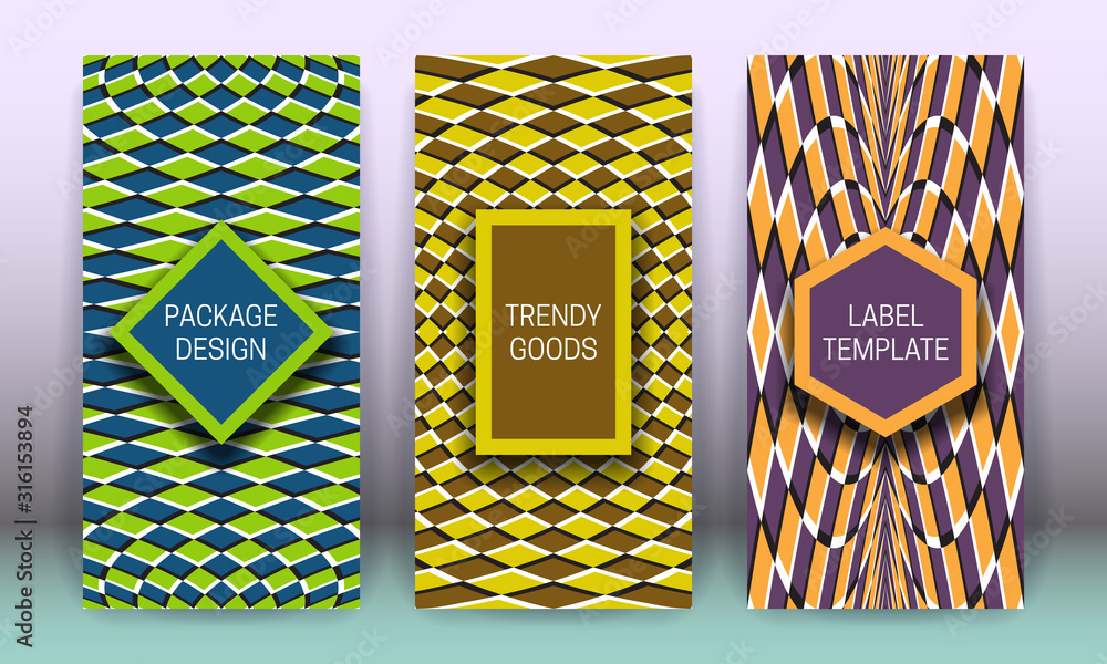 Aufkleber set of packaging design with curved checkered optical illusion backgrounds. moving hypnotic backdrop