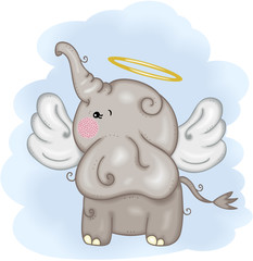 Cute angel elephant with wings flying in blue sky