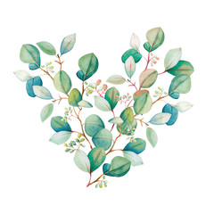  Watercolor eucalyptus leaf heart. Floristic design elements for floristics. Hand drawn illustration. Greeting card. Floral print. Plant painted background. For postcards, greetings, cards, logo. 