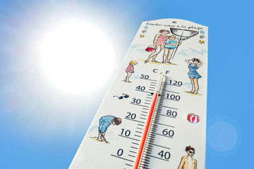 Thermometer measures temperature of 40 °C / 100 °F during heatwave