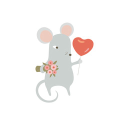 Cute mouse holding bouquet of flowers and heart shaped balloon. Funny rat with Valentine day's gifts. Humanized symbol of 2020 Chinese animal zodiac. Vector isolated illustration