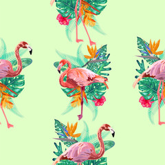 Pink flamingos, exotic birds, tropical palm leaves, trees, jungle leaves seamless floral pattern background